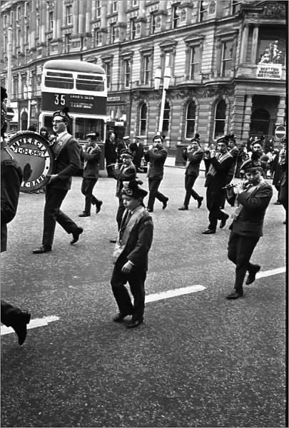 Piping band on parade, Belfast, Northern Ireland