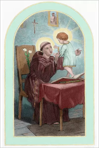Saint Anthony of Padua (1195-1231). Colored engraving