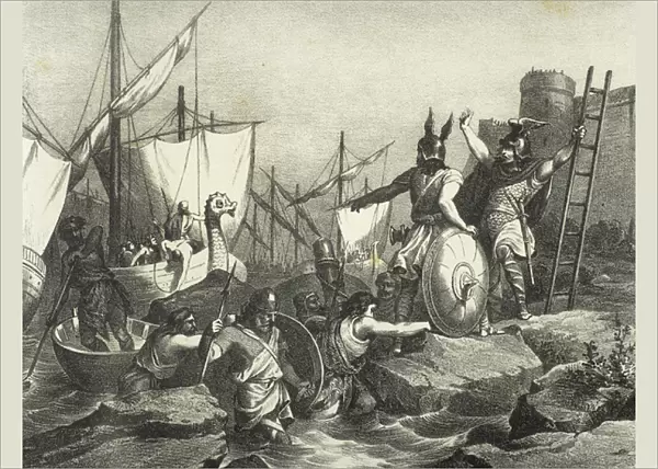 Sisebut (c. 565-621) landing in Tangier. Engraving