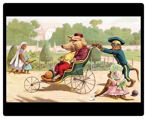 Pig and monkeys in a park on a postcard