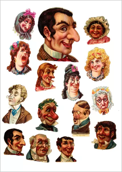 Comic heads on fifteen Victorian scraps