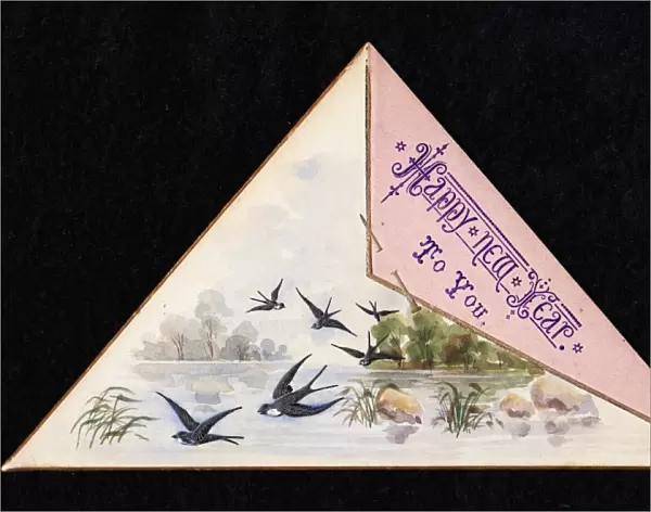 Swallows in flight on a triangular New Year card