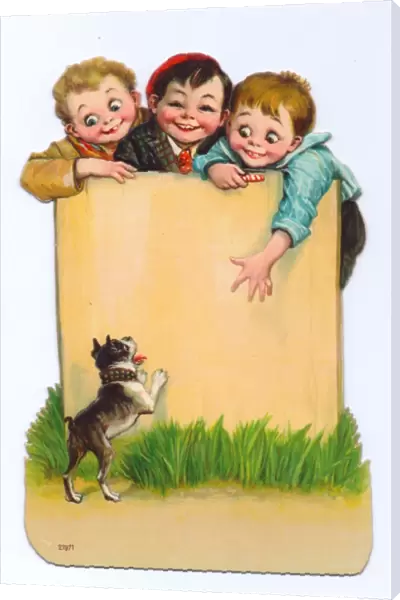 Three boys and a dog on a cutout greetings card