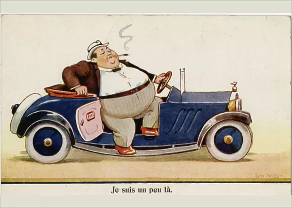 Comic postcard, large man with small car