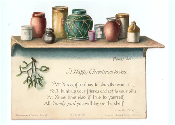 Pots and jars on a shelf on a cutout Christmas card
