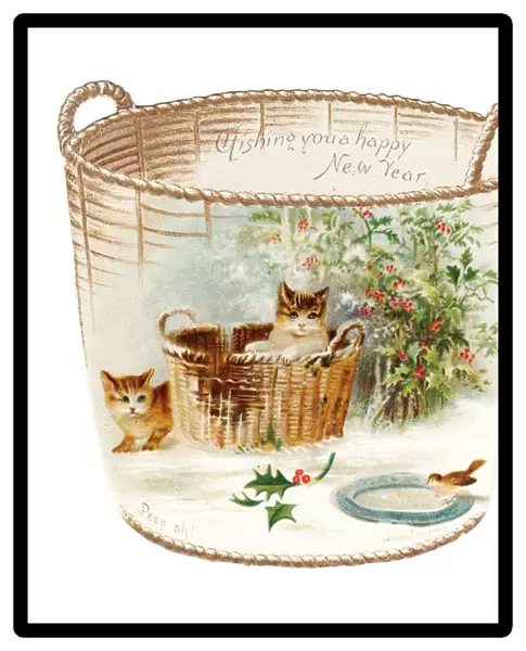 Two kittens and a bird on a cutout New Year card