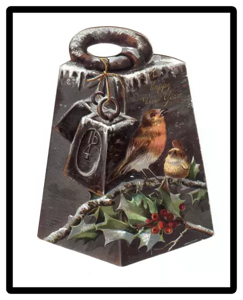 Four pound weight with robins on a New Year card