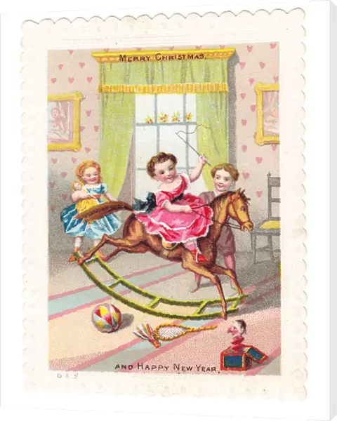 Children with rocking horse on a Christmas card