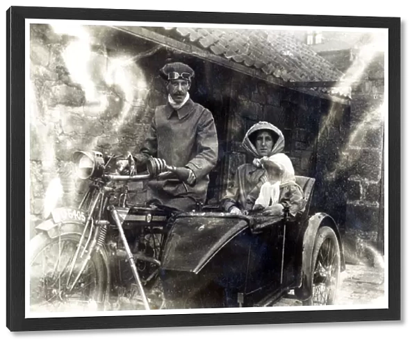 Family of three on a 1914 Twin Rex motorcycle & sidecar