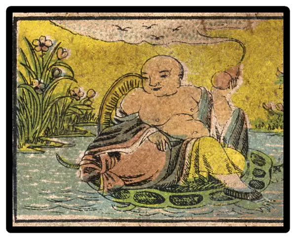 Old Japanese Matchbox label with a man sitting on a turtle