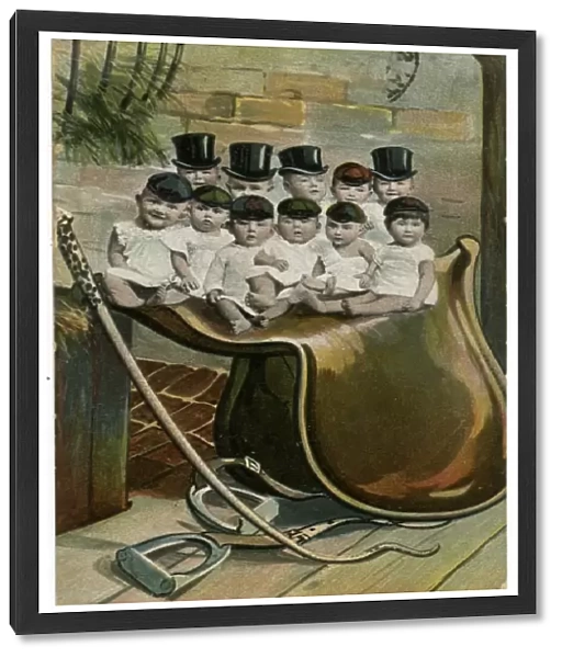 Babies in hats, sitting on a large saddle