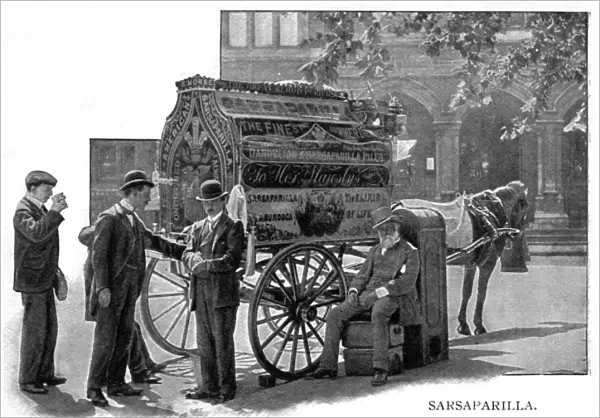 Selling sarsaparilla from a horse and wagon, 1903