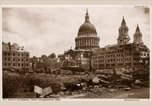 Bomb damage, London, St Pauls Cathedral from Paternoster Row