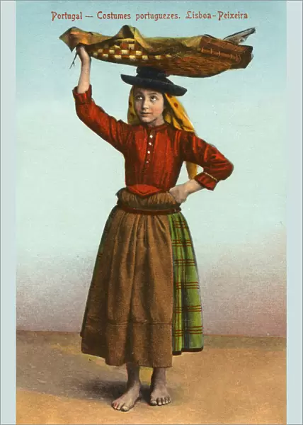 Portuguese girl carrying large flat basket of fish