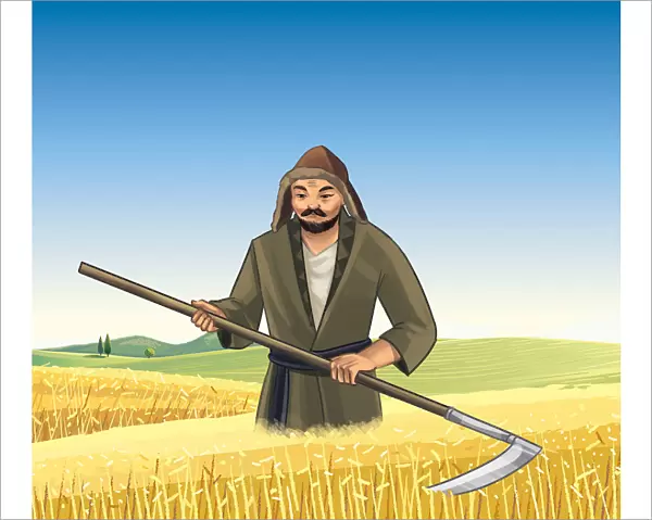 Kazakh man cutting hay with a scythe