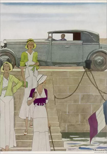 Fashion: three women and car, French Riviera, 1931