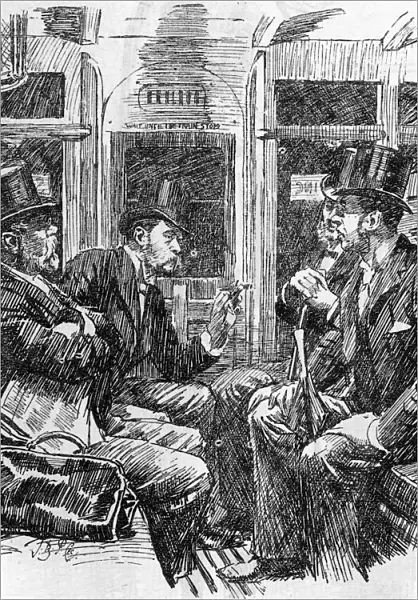 Cartoon, four relaxed gentlemen commuters