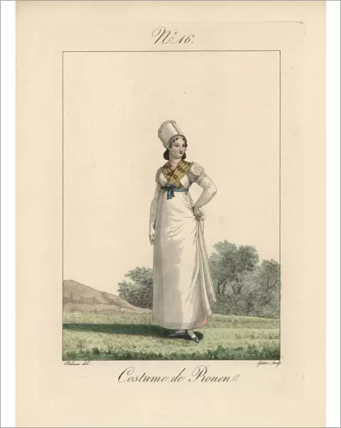 10939149. Woman of Rouen wearing a small, plain bavolet, a simple white dress with shawl