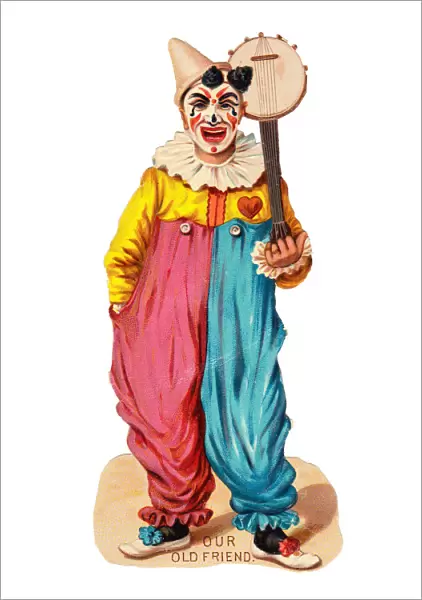 Clown with banjo on a Victorian scrap