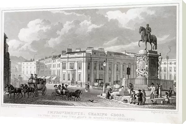 A street scene in Charing Cross showing someone using a water pump. Date: 1828
