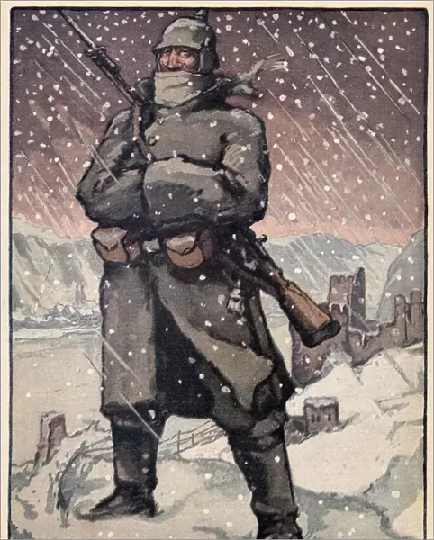 A German guard on night watch in the middle of winter. Date: 1916