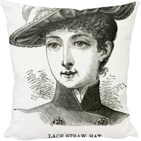 Woman wearing lace straw hat with deep maize shade, trimmed with maize crepe
