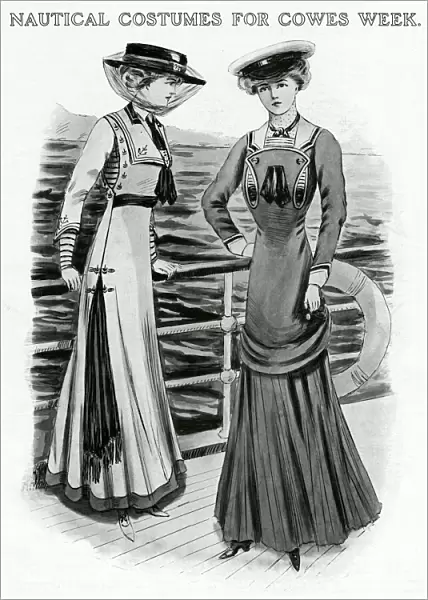 Two women wearing fashionable Cowes week costumes, the first sketch shows a frock carried