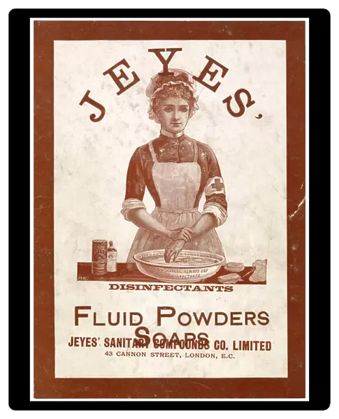 Jeyes disinfectant in different forms, fluid, powder and bar soap. Date: 1890s