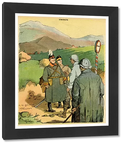 Cartoon, Hunting season. At a French border post, two German officers ask two French