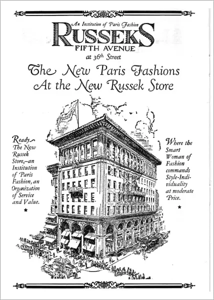 Advert for Russeks Store, New York - an institution of Paris fashion Date: 1924