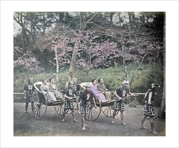 Girls in rickshaws, Japan, circa 1890. Date: circa 1890