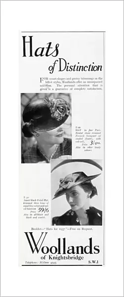 Advert for Woollands of Knightsbridge womens hats 1937