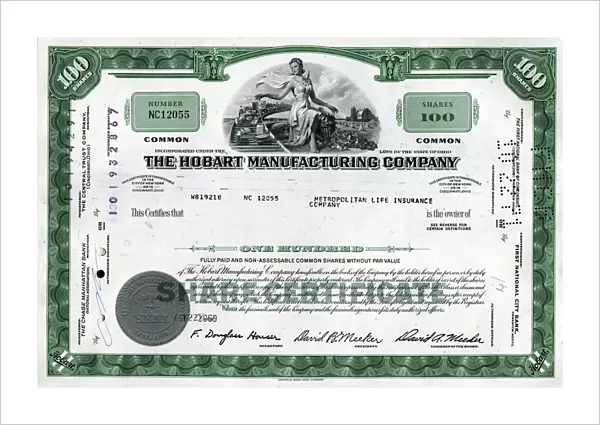 Stock Share Certificate - Hobart Manufacturing Company