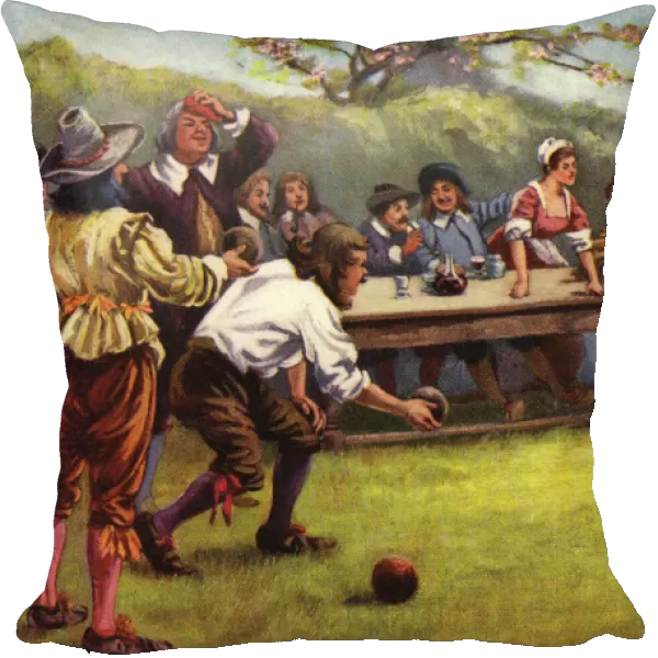 Bowls. Old English Sports - Bowls taking place in a medaeval setting. Date: 1908