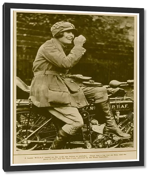 WRAF on a motorcycle, having a tea break, WW1