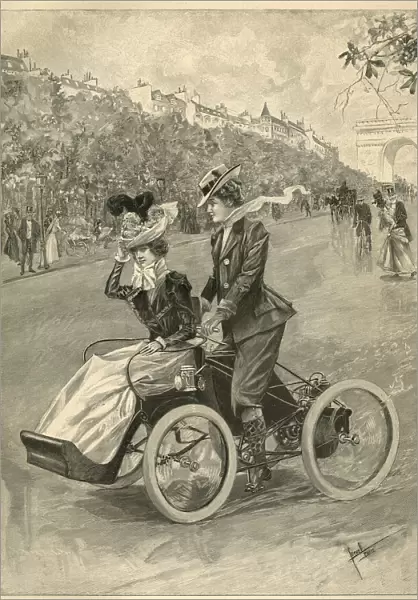 Motorcycle and sidecar on the Champs Elysees, Paris