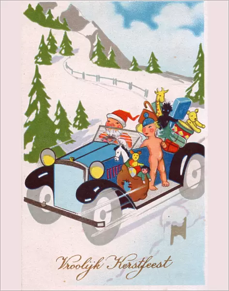 Santa Claus driving a car on a Dutch Christmas postcard