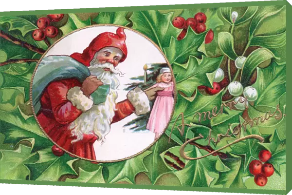 Santa Claus with holly and mistletoe on a Christmas postcard