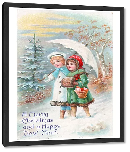 Children in the snow on a Christmas and New Year postcard