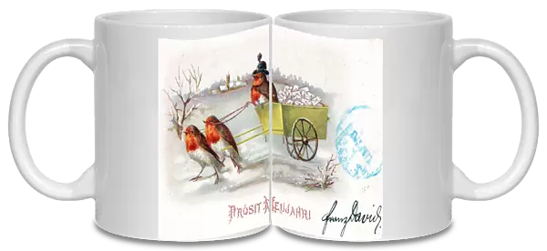 Robins with a cart on a German New Year postcard