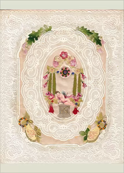 Sleeping cupid with flowers on a paper lace romantic card
