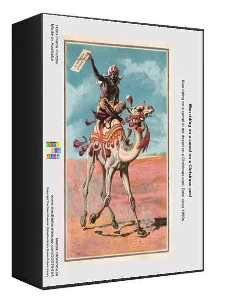 Man riding on a camel on a Christmas card