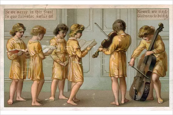 Choirboys and musicians on a Christmas card