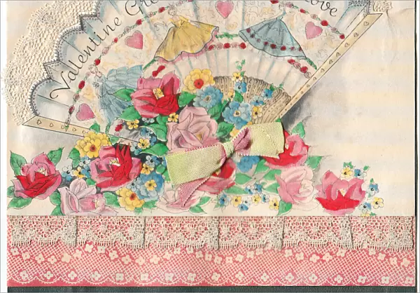 Fan with lace and flowers on a Valentine card
