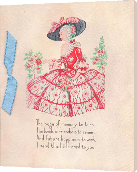 Woman in a crinoline dress on a greetings card