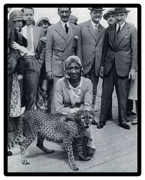Josephine Baker with her pet cheetah at Deauville, France