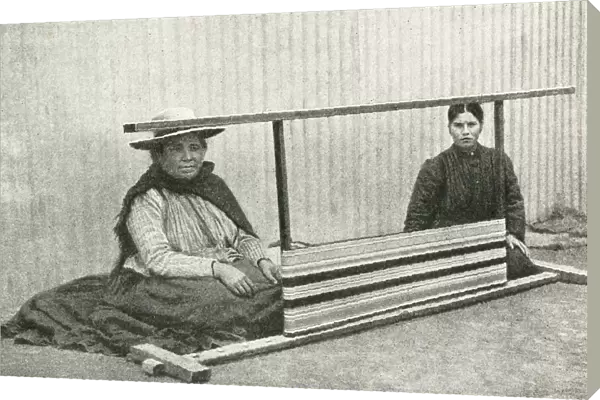 Two Araucanian women weaving, Chile, South America