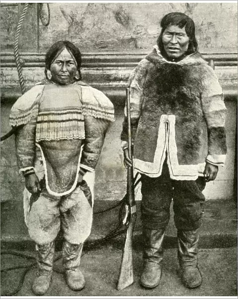 Eskimo couple in winter costume, Greenland