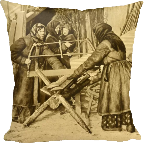 Peasant women sawing wood, Republic of Estonia