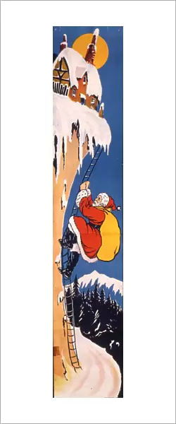 Father Christmas climbing a ladder in the snow